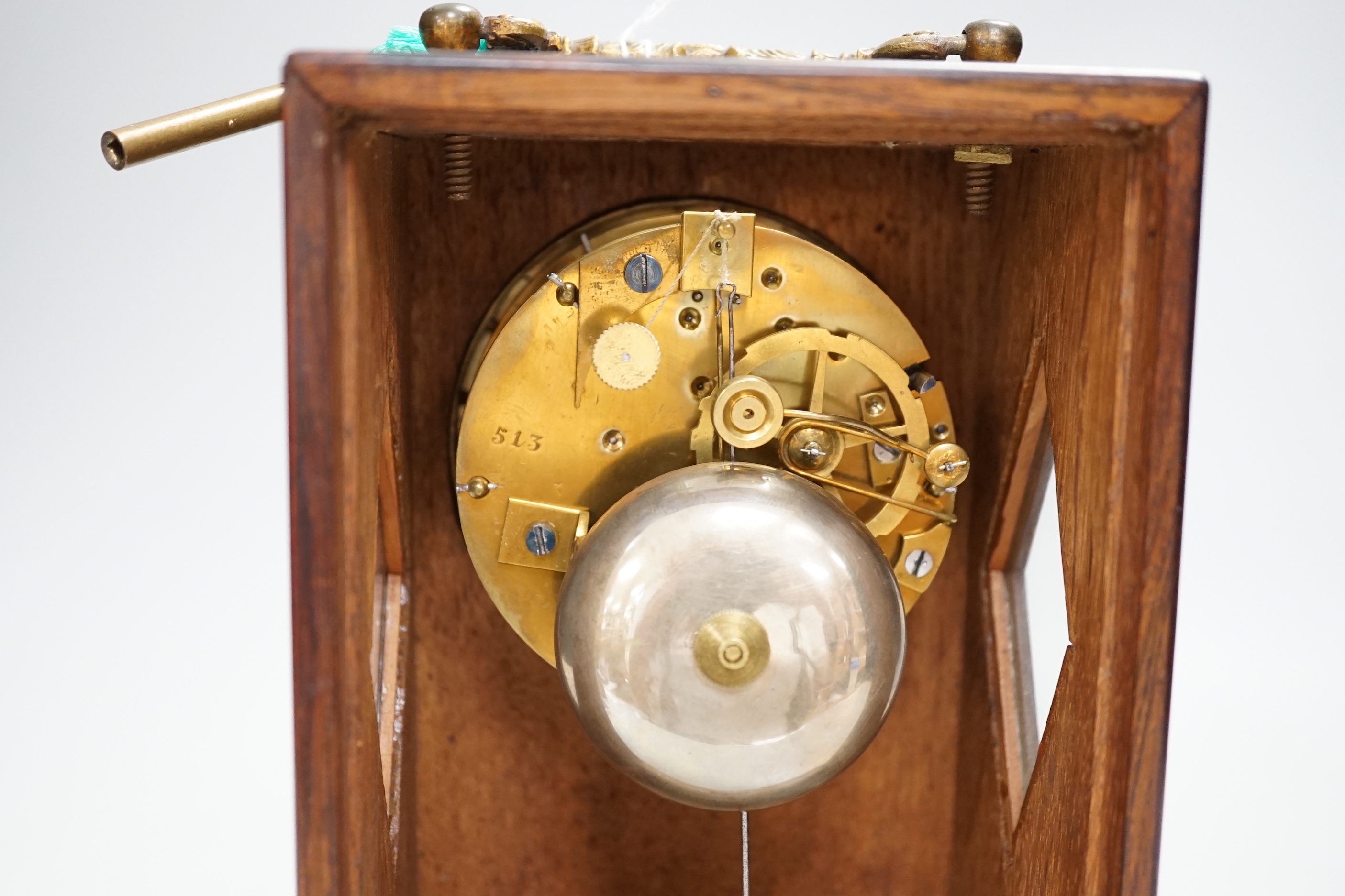 A 19th century French rosewood and marquetry inlaid mantel clock with silvered dial, 22cm high